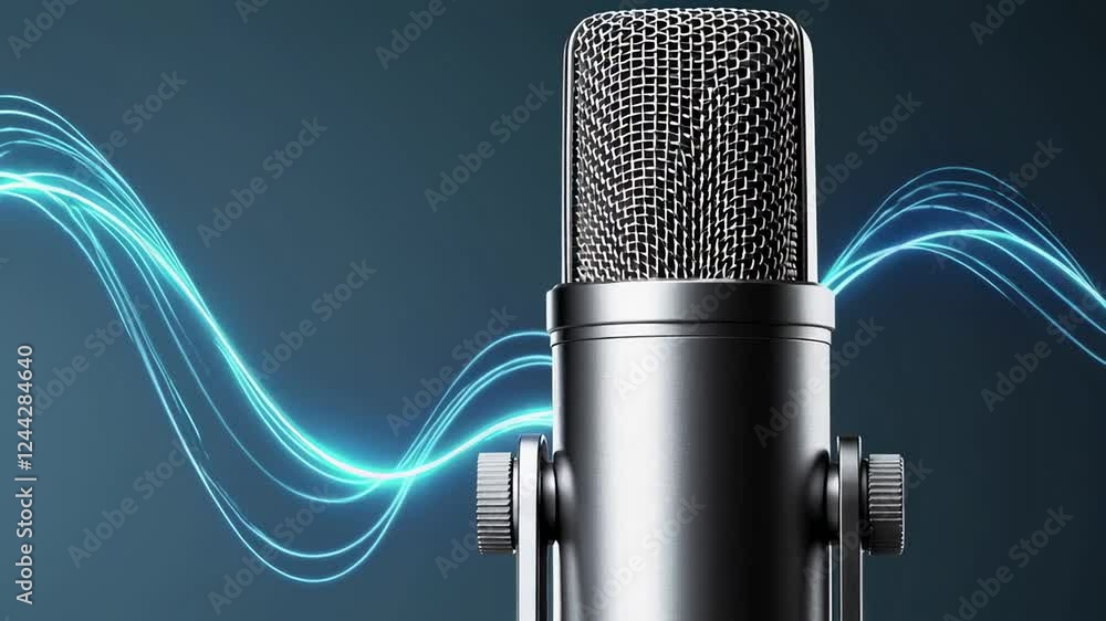 Poster Sound waves flowing from a professional microphone in a dark studio, creating a captivating visualization of audio recording in slow motion