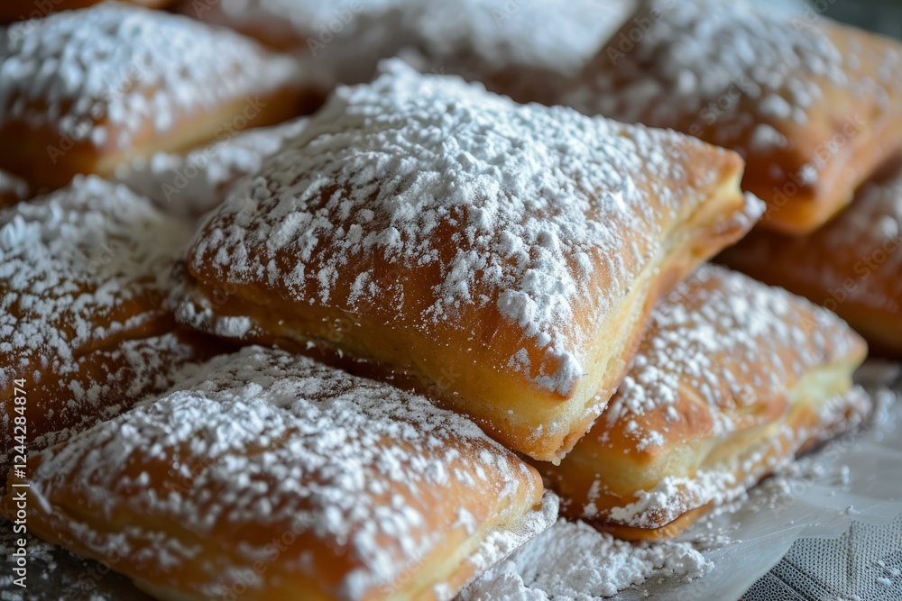 Poster freshly baked french beignets, generously dusted with powdered sugar, create a tempting display on b