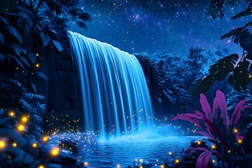 A serene waterfall glowing under the moonlight, surrounded by vivid plants and fireflies under a starry sky.