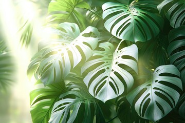 Lush Green Monstera Leaves Bask In Sunlight