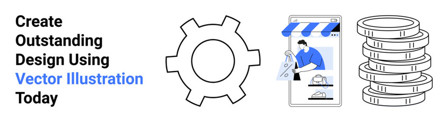 Gear for productivity, storefront illustrating e-commerce, and stacked coins symbolizing financial growth. Ideal for innovation, shop design, e-commerce, economy, digital tools, marketing flat