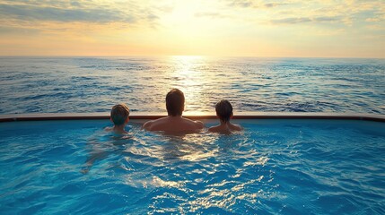 Friends relaxing in a pool with ocean view under a bright sky