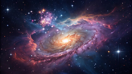 Spiral galaxy, cosmic nebula, vibrant colors, swirling star clouds, deep space, celestial beauty, twinkling stars, astronomical photography, ethereal glow, cosmic dust, interstellar gas, galactic core