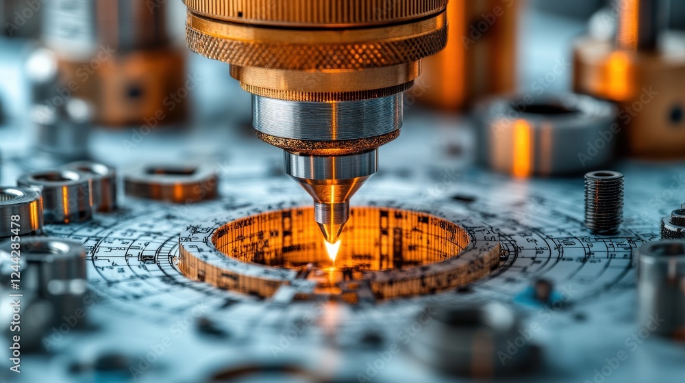 Poster precision laser cutting process on intricate machinery components in a high-tech workshop