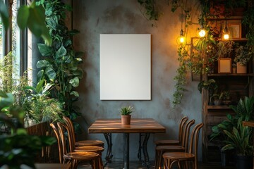 Blank vertical digital poster in a plant-filled café with wooden tables and natural lighting