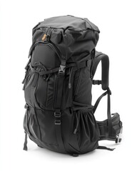 Sleek Black Backpack Stands Out Against a White Canvas - Ideal for Travel and Adventure