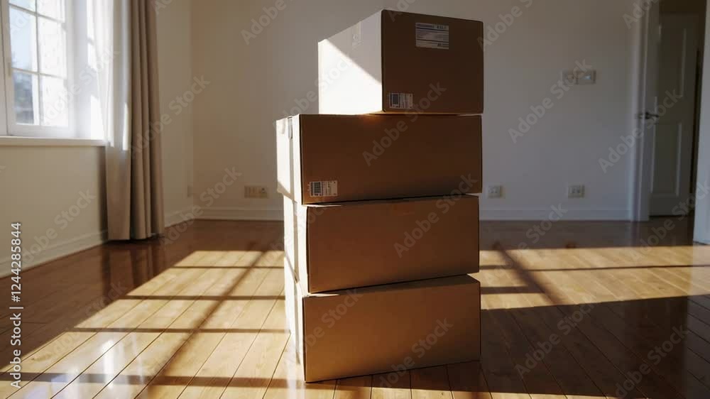 Aufkleber sunlight streaming through window, casting warm glow on stacked cardboard boxes resting across woode