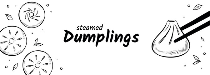 Web banner with sketch illustrations of traditional Asian cuisine. Vector engraved drawing of steamed dumpling in chopsticks. Design for website, advert, social media, or restaurant menu.