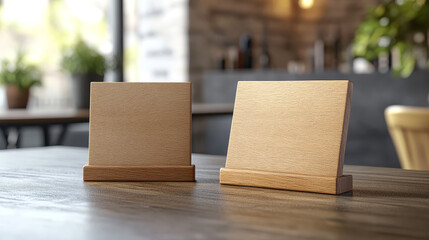 Table paper wooden holder. Card or menu display stand. Isolated 3d vector mockup of practical and versatile accessories that provide convenient way to showcase info during events or in the restaurant