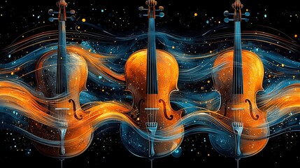 A vibrant collection of music-themed visuals, featuring abstract 3D instruments, colorful notes floating in dynamic compositions