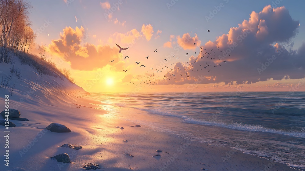 Poster a tranquil beach at dawn with the first rays of light illuminating the waves and the sound of seagul