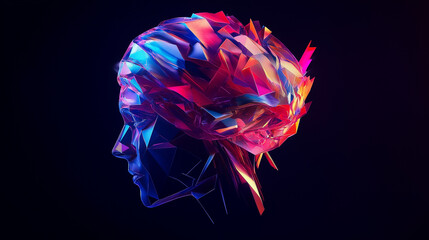 A vibrant, colorful polygonal brain design set against a dark background, showcasing geometric patterns and bold hues.