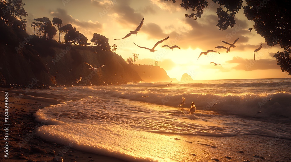 Poster a tranquil beach at dawn with the first rays of light illuminating the waves and the sound of seagul