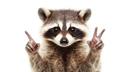 Obraz premium Whimsical Raccoon Portrait, Joyfully Signaling Peace Gesture Against a Clean White Backdrop