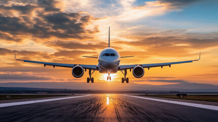 Fototapeta premium An airplane landing at sunset, showcasing vibrant colors in the sky and runway.
