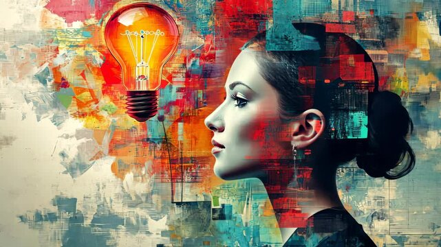 Innovative journey: woman contemplating ideas with lightbulb art in motion