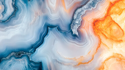 Fototapeta premium Beautiful abstract patterns of agate with blue, orange, and white hues showcasing natural mineral formations and textures