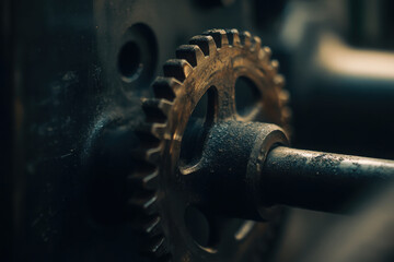 Close-up of a metallic gear, showcasing intricate details and industrial design.