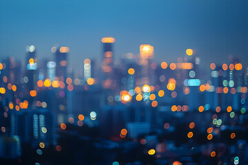 City skyline at dusk with blurred lights creating a vibrant atmosphere