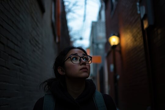 Young person gazing upwards in a narrow alley during twilight hours