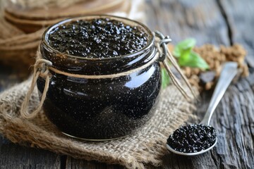 Gourmet black caviar in a glass jar displayed on a rustic wooden table with a spoon and natural decor