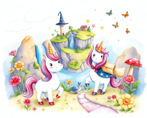 Obraz premium Colorful unicorns explore a magical landscape filled with flowers, waterfalls, and whimsical elements in a vibrant fantasy world