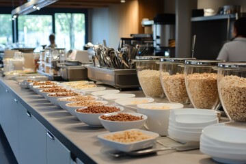 Fototapeta premium Breakfast buffet featuring an extensive selection of cereals and toppings in a modern setting