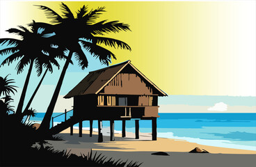 illustration of traditional house beside beach coconut tree landscape