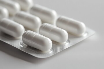 White capsules on a blister pack arranged neatly for pharmaceutical display and examination