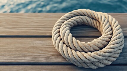 Obraz premium A detailed shot of a thick maritime rope neatly coiled on the wooden deck of an old sailing ship