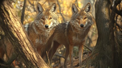 Pair of Coyotes Wandering Through the Forest Trail Amongst Lush Trees in Wild Wilderness