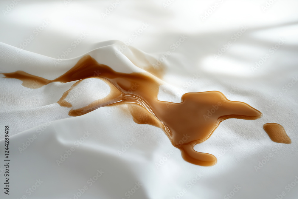 Poster coffee spill creating an abstract shape on a white tablecloth, clean and minimalist.