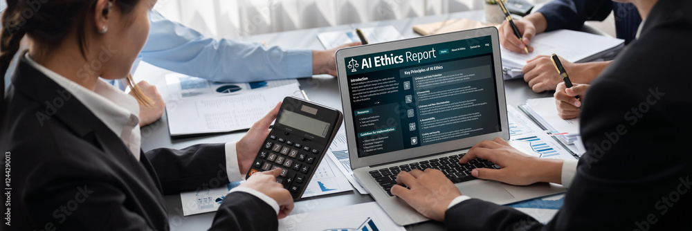 Poster ai ethics responsibility standard law and rules on computer screen provide report of ai ethic transp