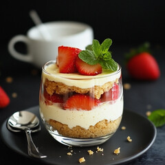 Elegant Strawberry Cheesecake Parfait with Cream, Crumble, and Fresh Mint