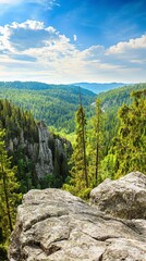 Awe-inspiring Mountain Vista: A Breathtaking View of Rocky Peaks and Lush Forests