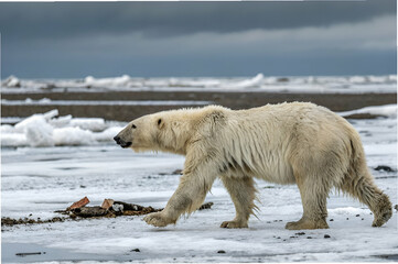 Climate Change Impact ,A polar bear walks across a snowy landscape, showcasing its distinctive white fur against a backdrop of ice and cloudy skies.