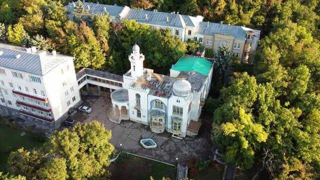 Russia, Stavropol Territory, the city of Zheleznovodsk September 29 2022, Palace of the Emir Bukhara View from above. the palace ensemble in the resort park of the city of Zheleznovodsk