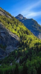 Breathtaking Mountain Range with Lush Green Forest and Clear Blue Sky