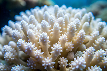 Climate Change Impact ,A close-up view of vibrant coral, showcasing its intricate structures and textures in a clear underwater environment.