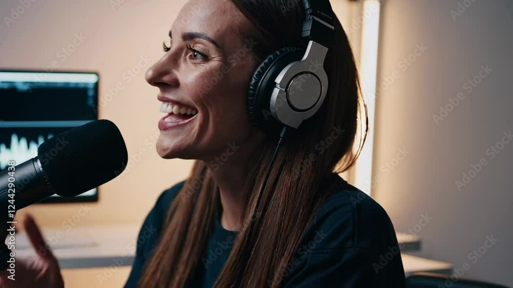 Aufkleber female content creator wearing wireless headphones speaking confidently into professional microphone
