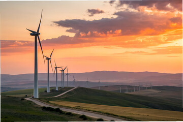 Obraz premium Climate Change Impact ,A scenic landscape featuring wind turbines against a vibrant sunset, highlighting renewable energy and natural beauty.