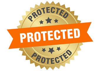 protected. protected round orange and gold label isolated on transparent background