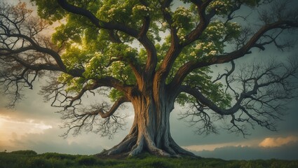 Fototapeta premium Majestic tree with sprawling branches stands proudly against a dramatic sky inspiring awe and contemplation in a tranquil landscape