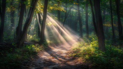 Fototapeta premium A tranquil forest trail with sunlight filtering through the canopy and the sound of rustling leaves