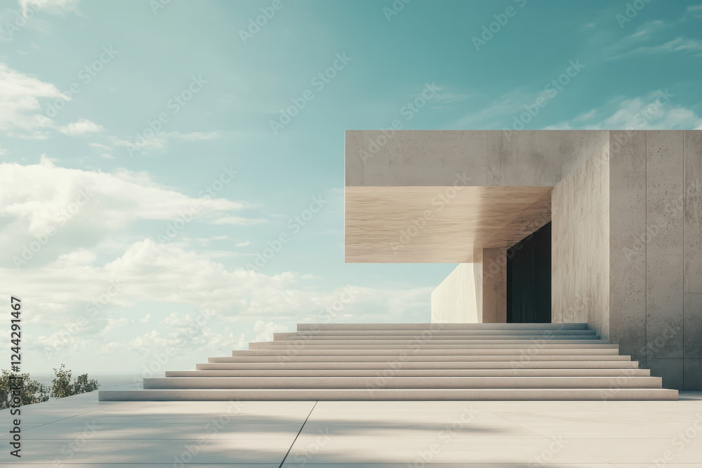 Poster Modern architectural structure with steps leading to a minimalist entrance against a blue sky.