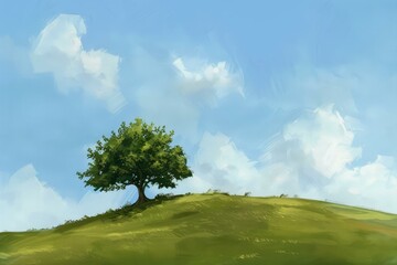 Digital painting of a peaceful landscape featuring a solitary tree atop a vibrant green hill, beneath a serene blue sky dotted with fluffy white clouds