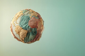Minimalistic patchwork planet Earth made of recycled fabrics, symbolizing sustainability and upcycling concepts
