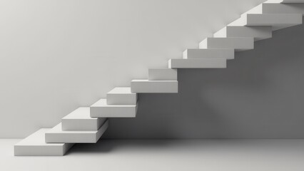 A modern, minimalist 3D image of floating stairs against a white and gray background.