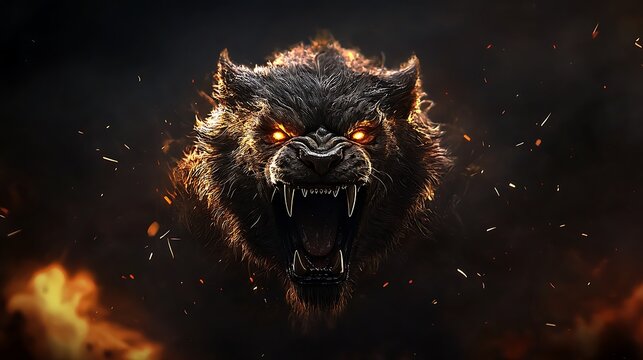 Fiery beast snarls, flames background; game art