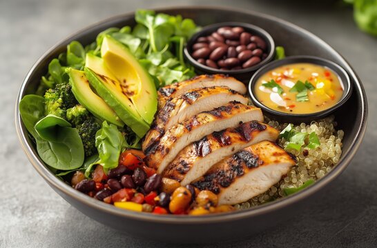 Grilled chicken bowl with fresh vegetables and quinoa served in a stylish bowl